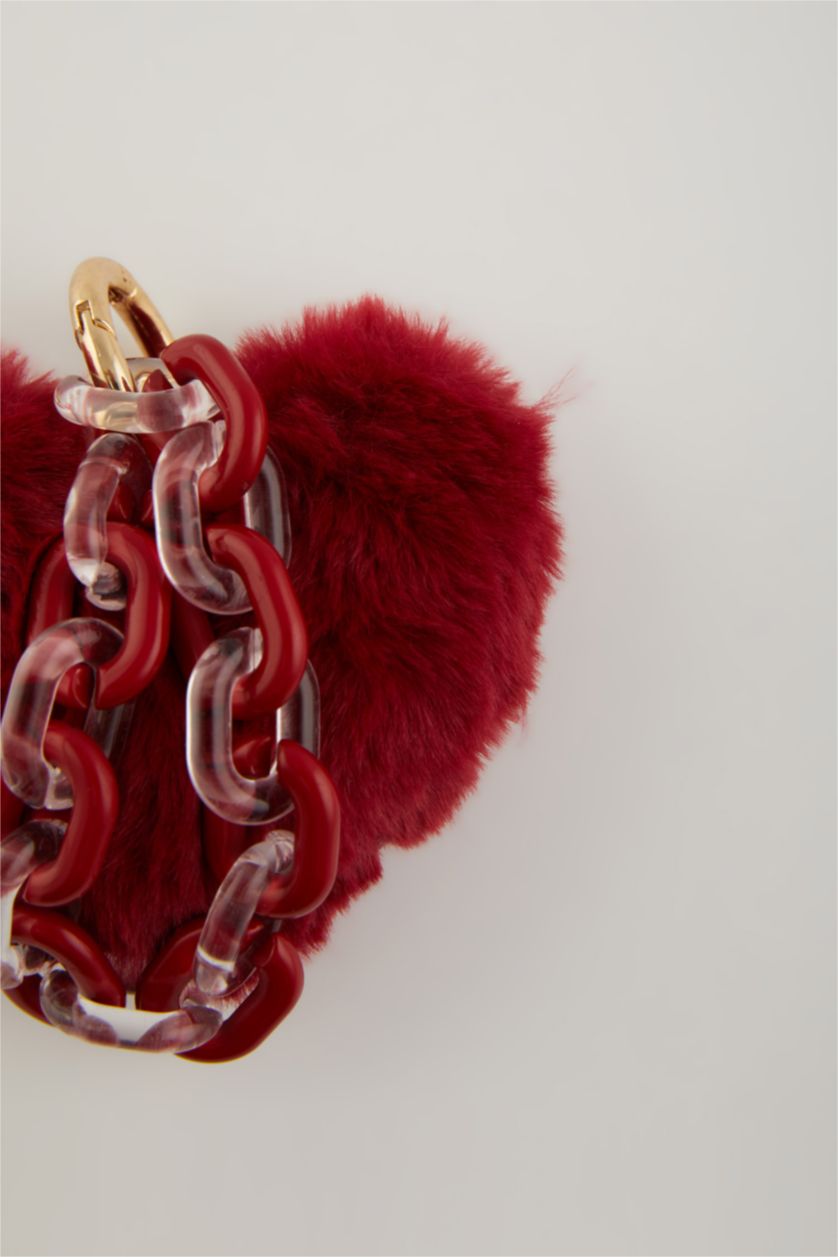 Kadın Lila Büyük Kadın Kırmızı Ponpon Kalp Detaylı Charm Anahtarlık