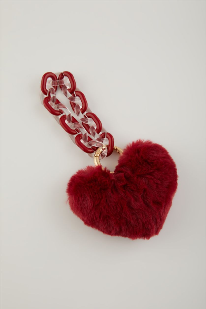Kadın Lila Büyük Kadın Kırmızı Ponpon Kalp Detaylı Charm Anahtarlık