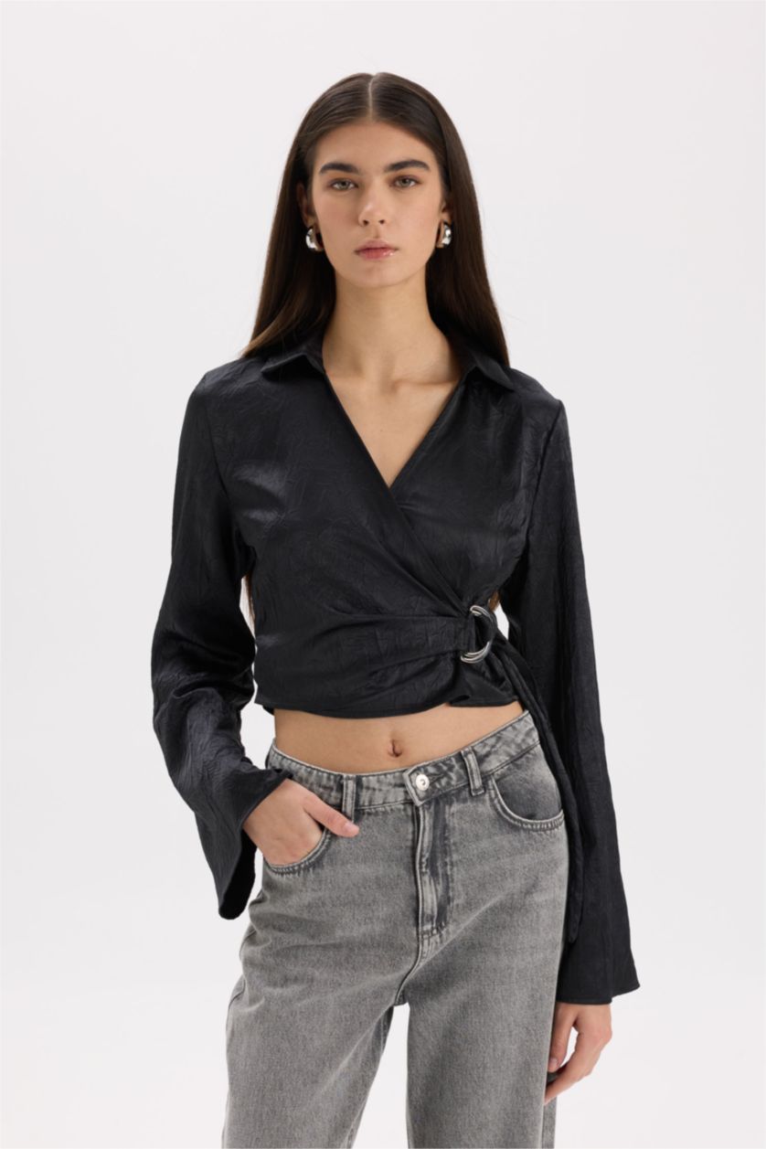 نساء أسود Fitted Wrap Collar Satin Long Sleeve Blouse