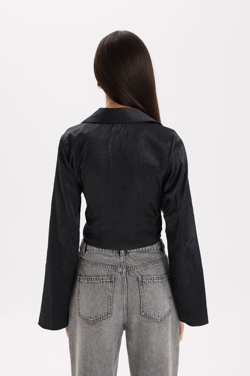 Woman Black Fitted Wrap Collar Satin Long Sleeve Blouse