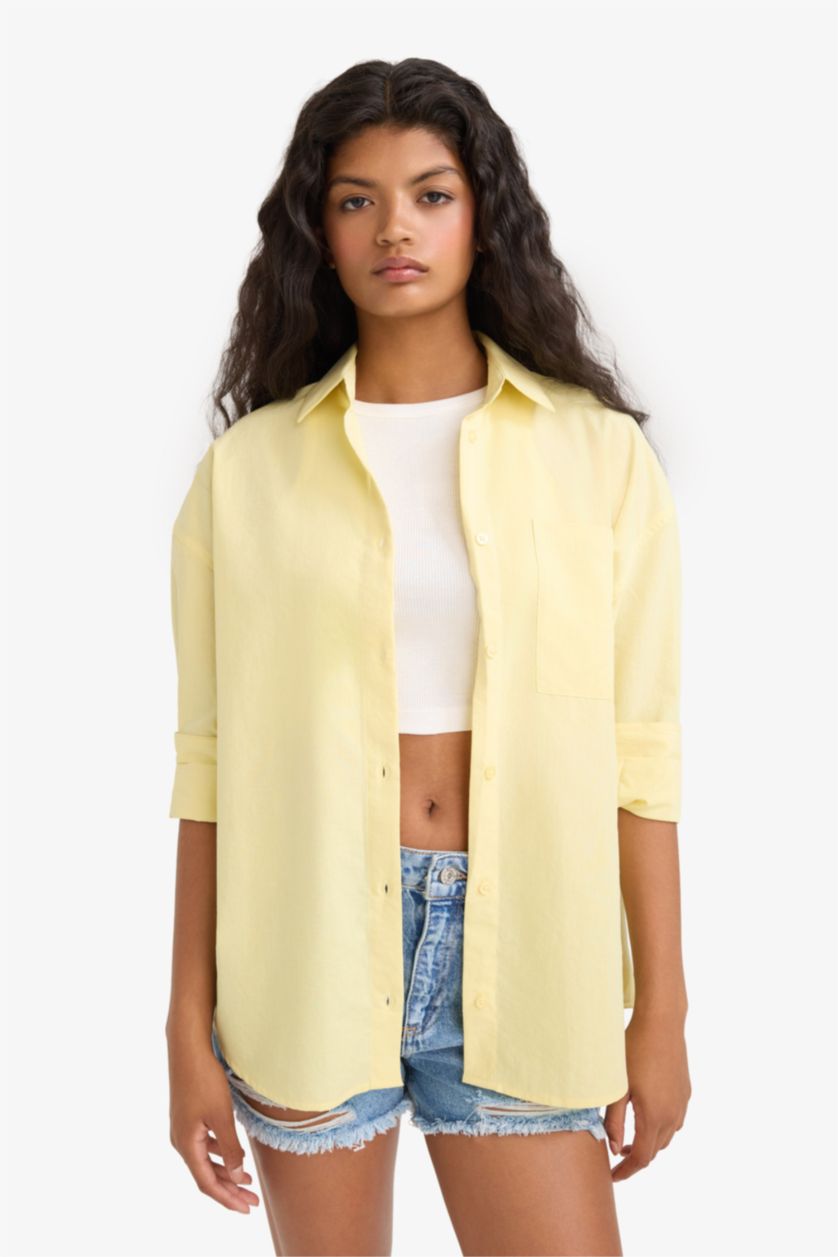 WOMAN Light Yellow Oversize Fit Poplin Long Sleeve Shirt