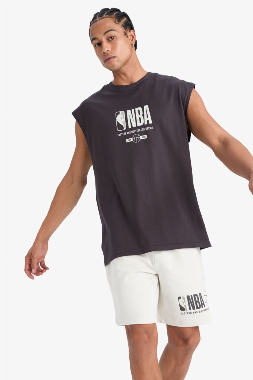Erkek Antrasit NBA Wordmark Oversize Geniş Kalıp Bisiklet Yaka Atlet