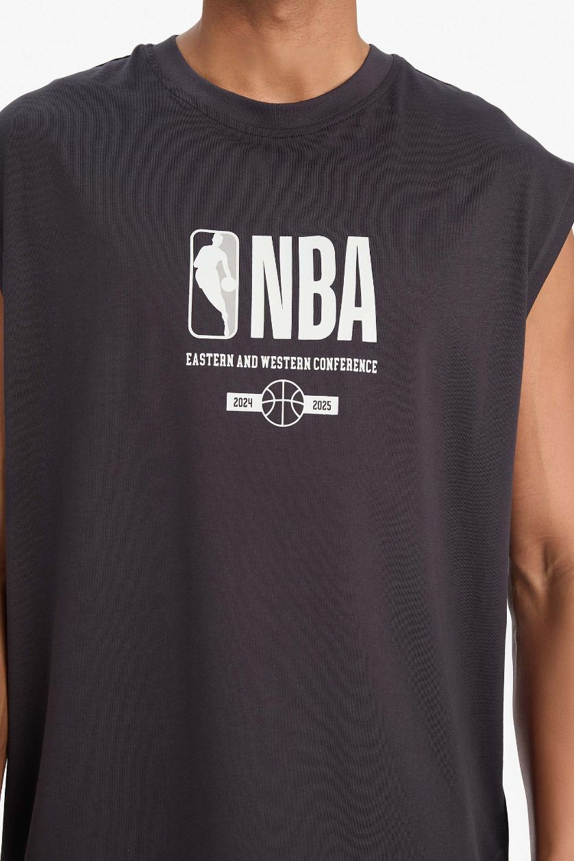 Erkek Antrasit NBA Wordmark Oversize Geniş Kalıp Bisiklet Yaka Atlet