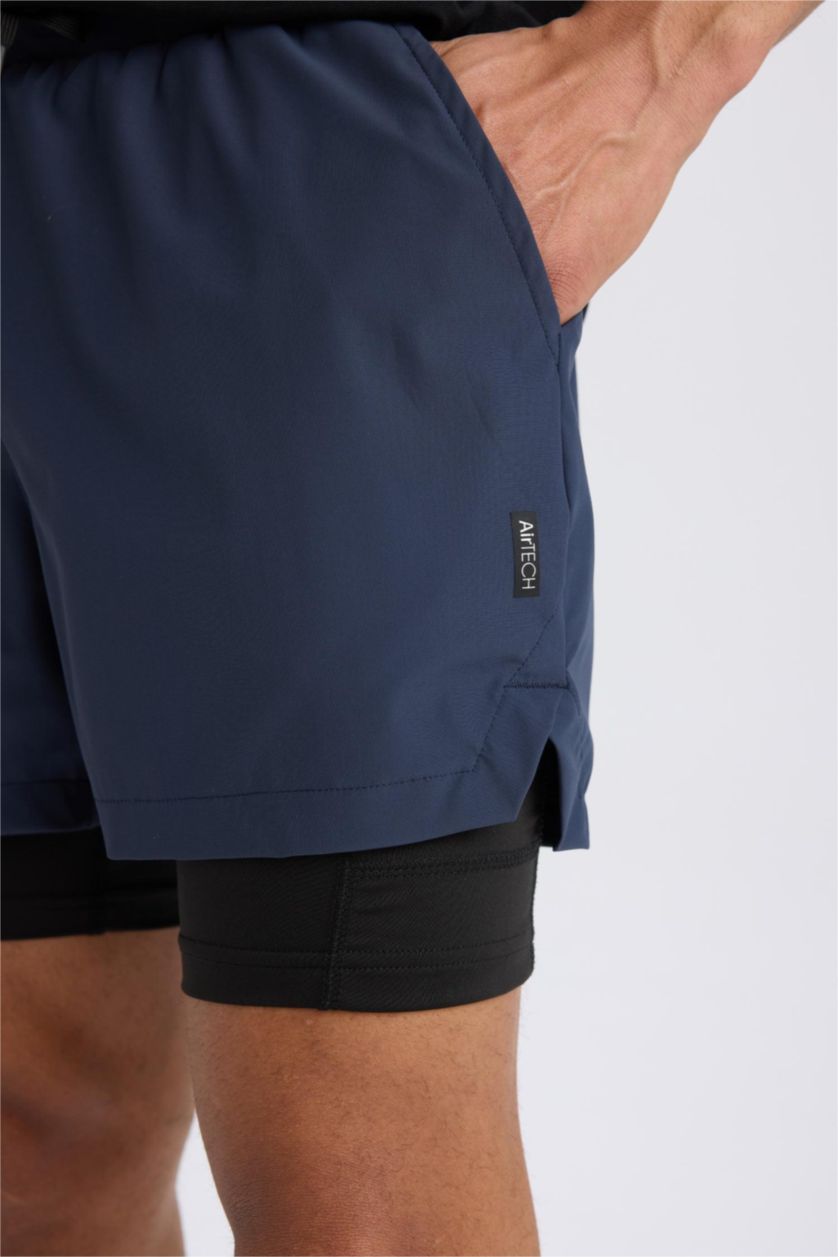 Erkek Lacivert Slim Fit Dar Kesim Sporcu Taytlı Şort