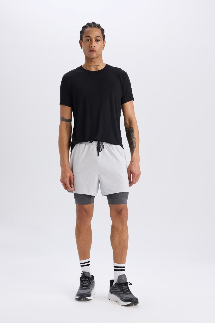 Man Light Grey DeFactoFit Slim Fit Sports Cotton Shorts