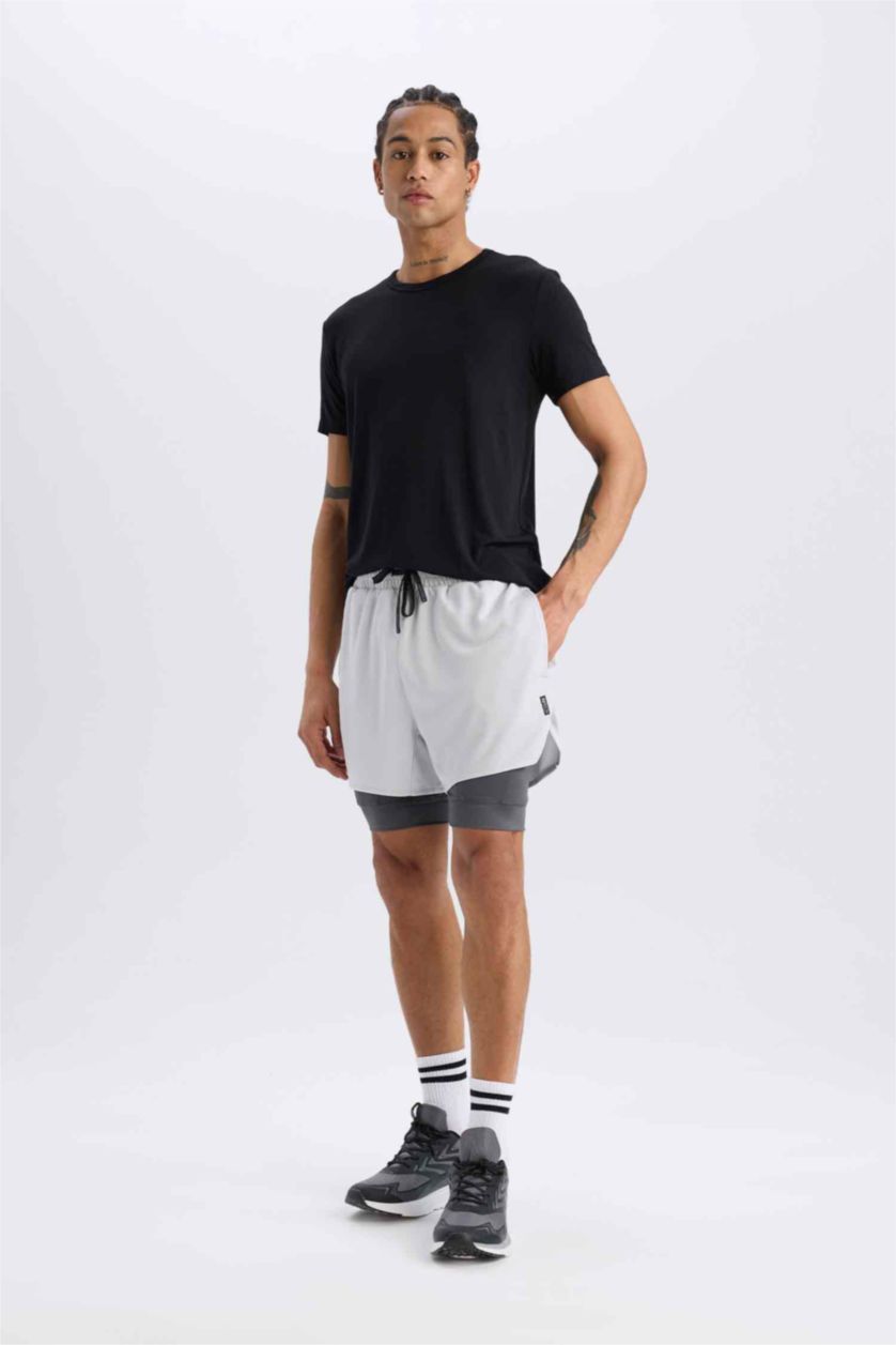 Man Light Grey DeFactoFit Slim Fit Sports Cotton Shorts
