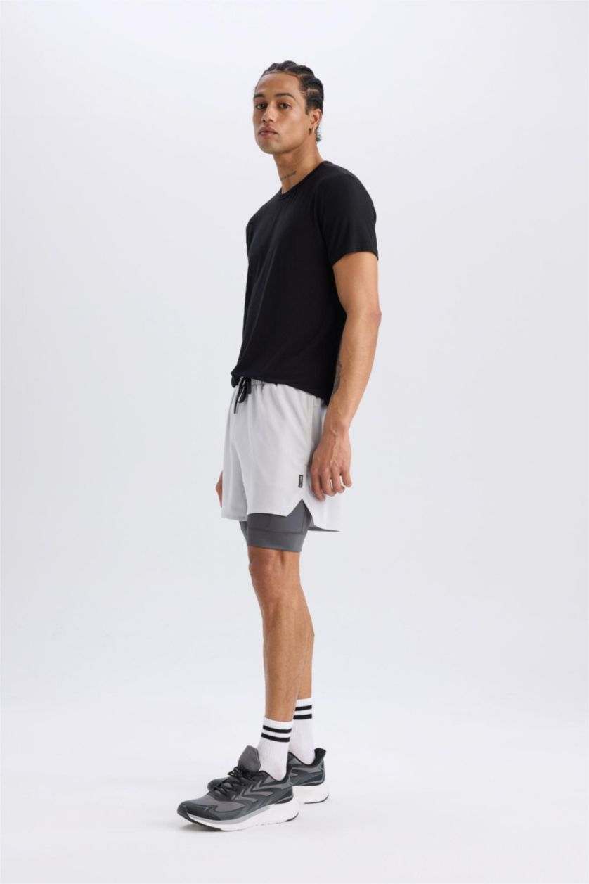 Man Light Grey DeFactoFit Slim Fit Sports Cotton Shorts