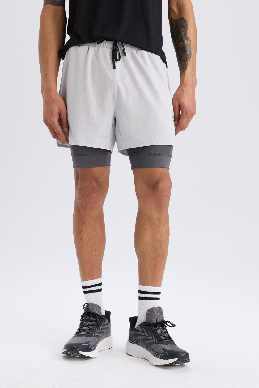 Man Light Grey DeFactoFit Slim Fit Sports Cotton Shorts