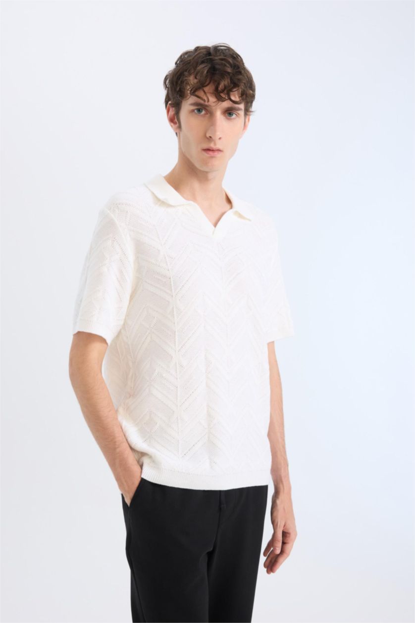 Ерлер экру дөңгелек жаға трикотаж Поло