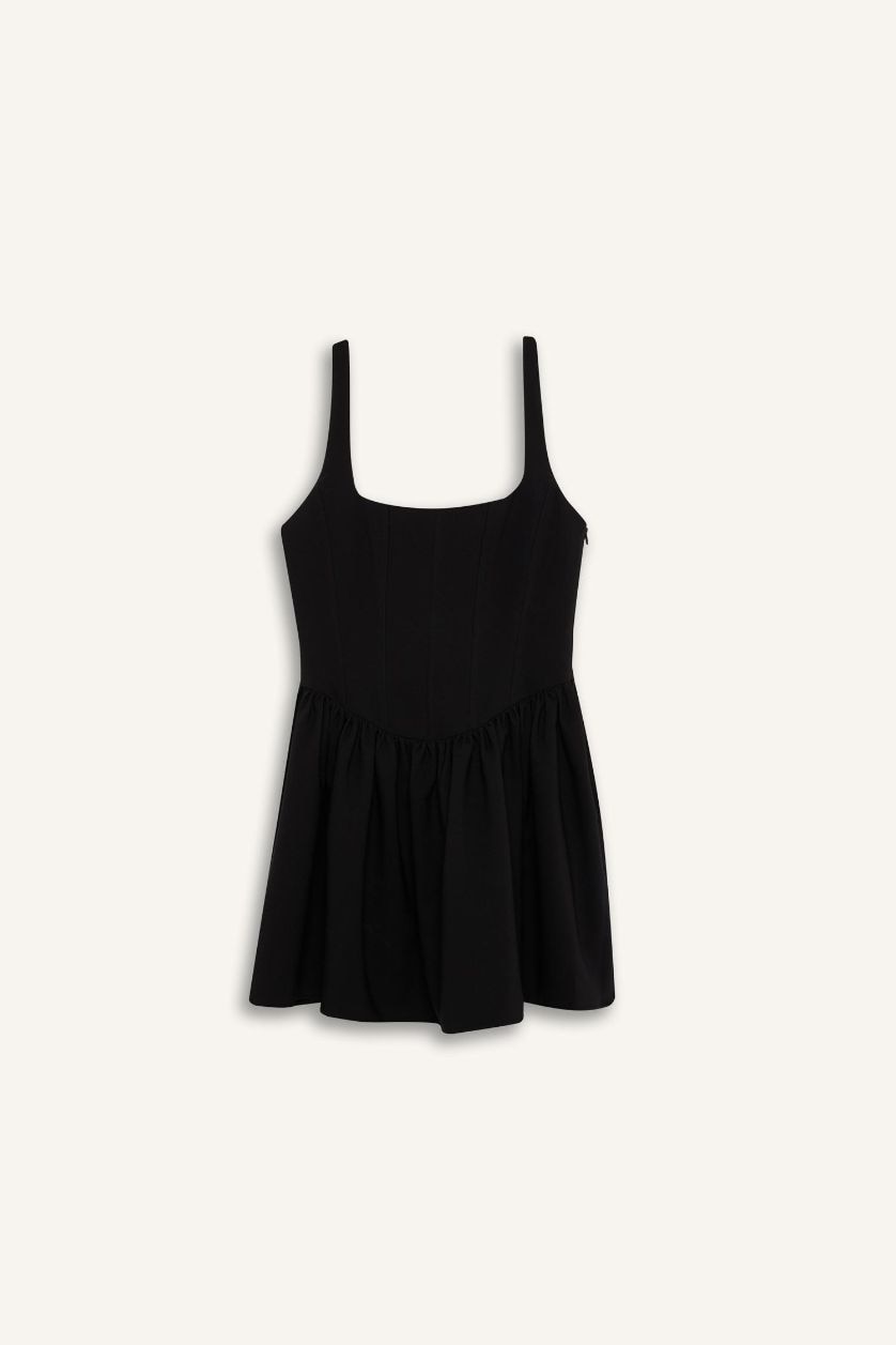 Kadın Siyah Kare Yaka Askılı Mini Elbise