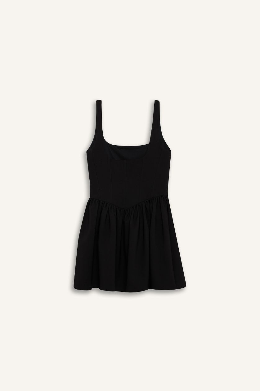 Kadın Siyah Kare Yaka Askılı Mini Elbise