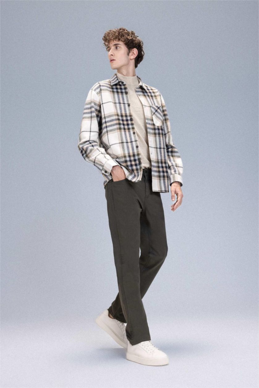 Erkek Kum Regular Fıt Polo Yaka Kareli Flanel Uzun Kollu Gömlek