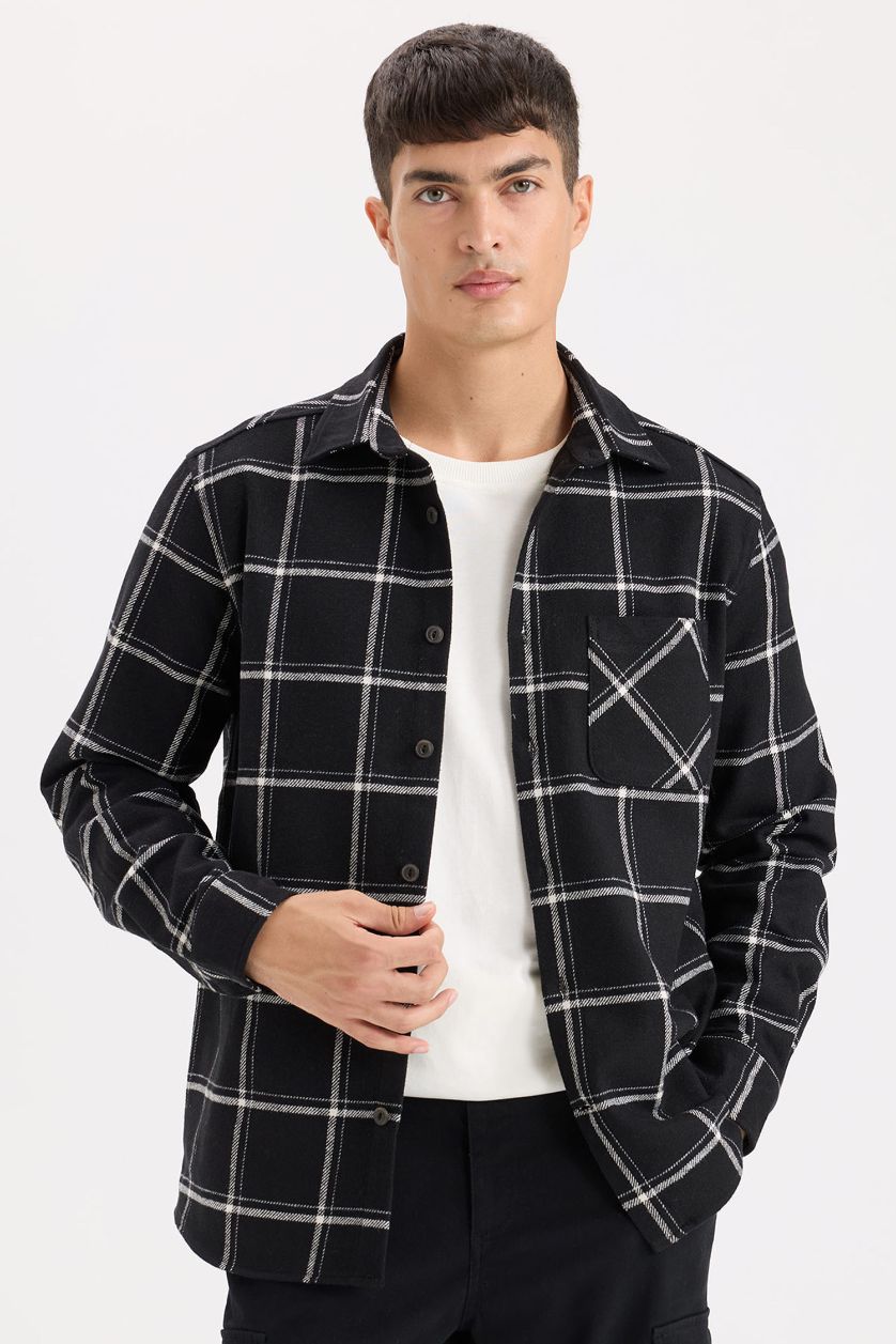 MAN Black Regular Fit Polo Collar Plaid Flanel Long Sleeve Shirt