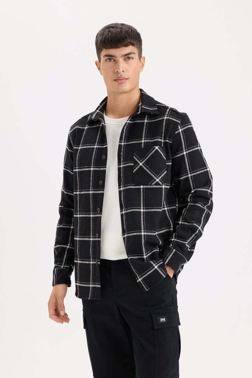 MAN Black Regular Fit Polo Collar Plaid Flanel Long Sleeve Shirt