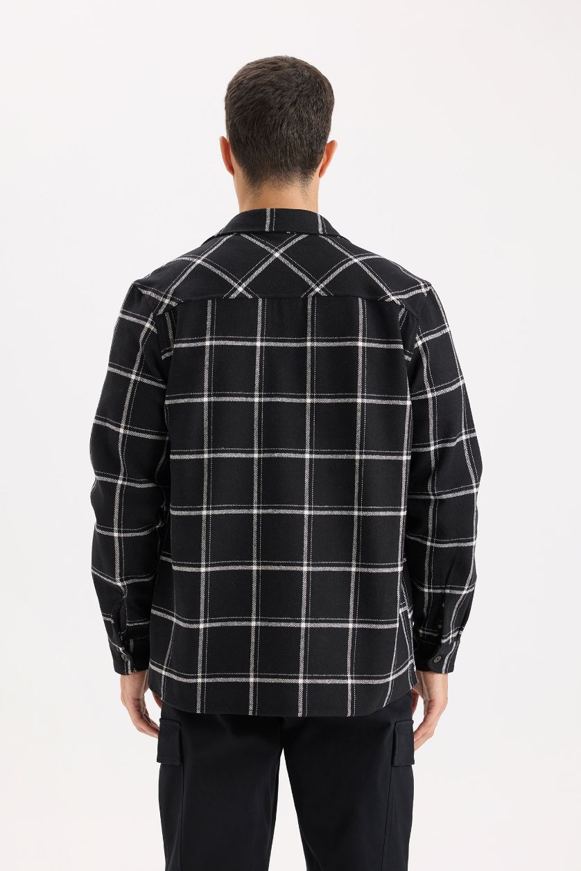 MAN Black Regular Fit Polo Collar Plaid Flanel Long Sleeve Shirt