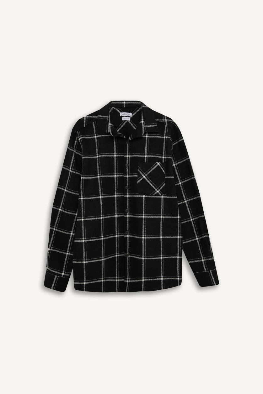 MAN Black Regular Fit Polo Collar Plaid Flanel Long Sleeve Shirt