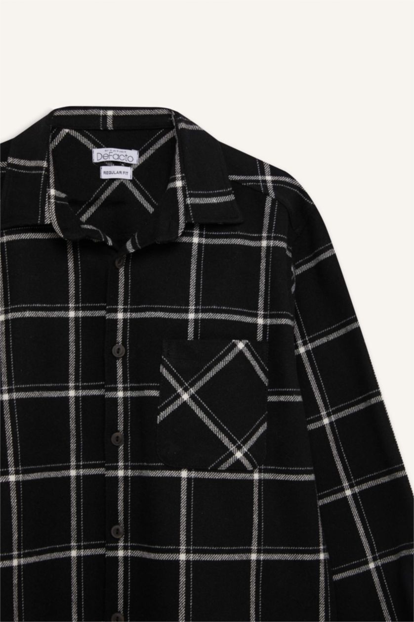 MAN Black Regular Fit Polo Collar Plaid Flanel Long Sleeve Shirt