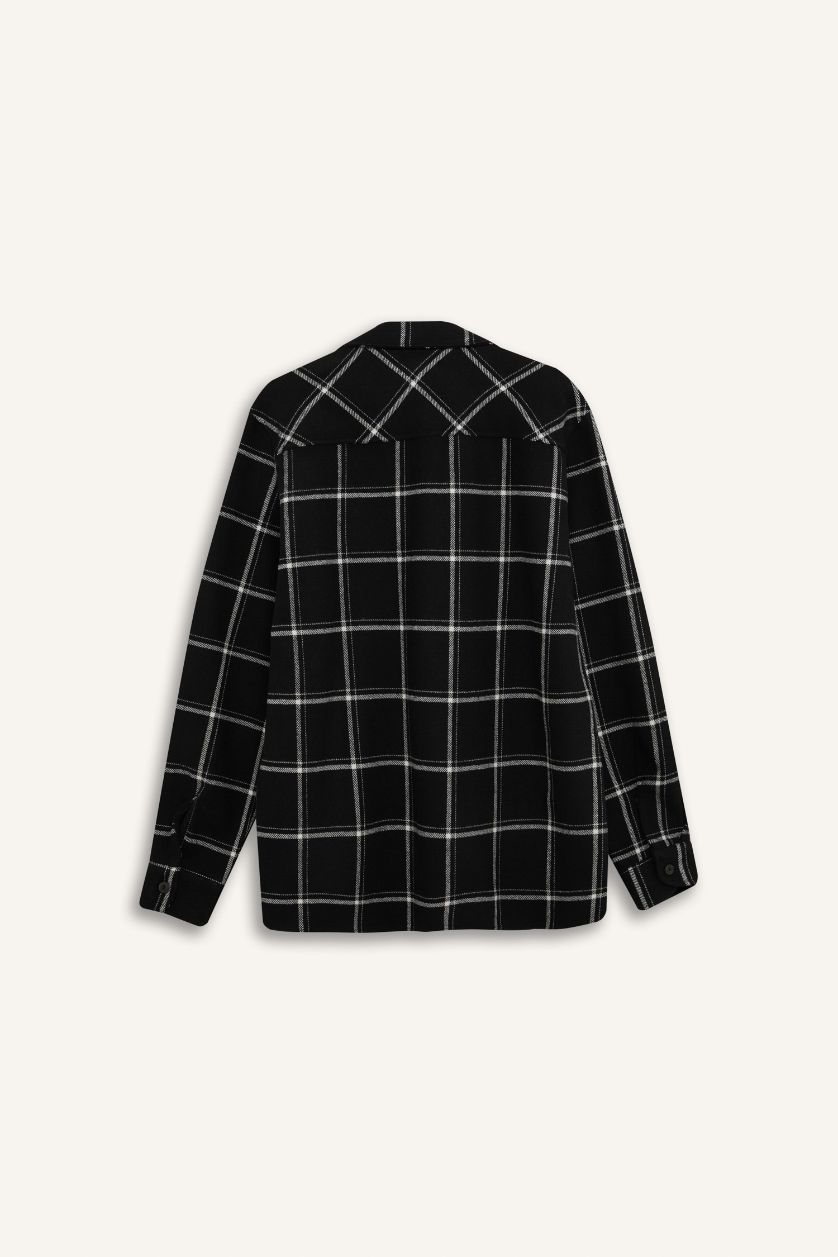 MAN Black Regular Fit Polo Collar Plaid Flanel Long Sleeve Shirt