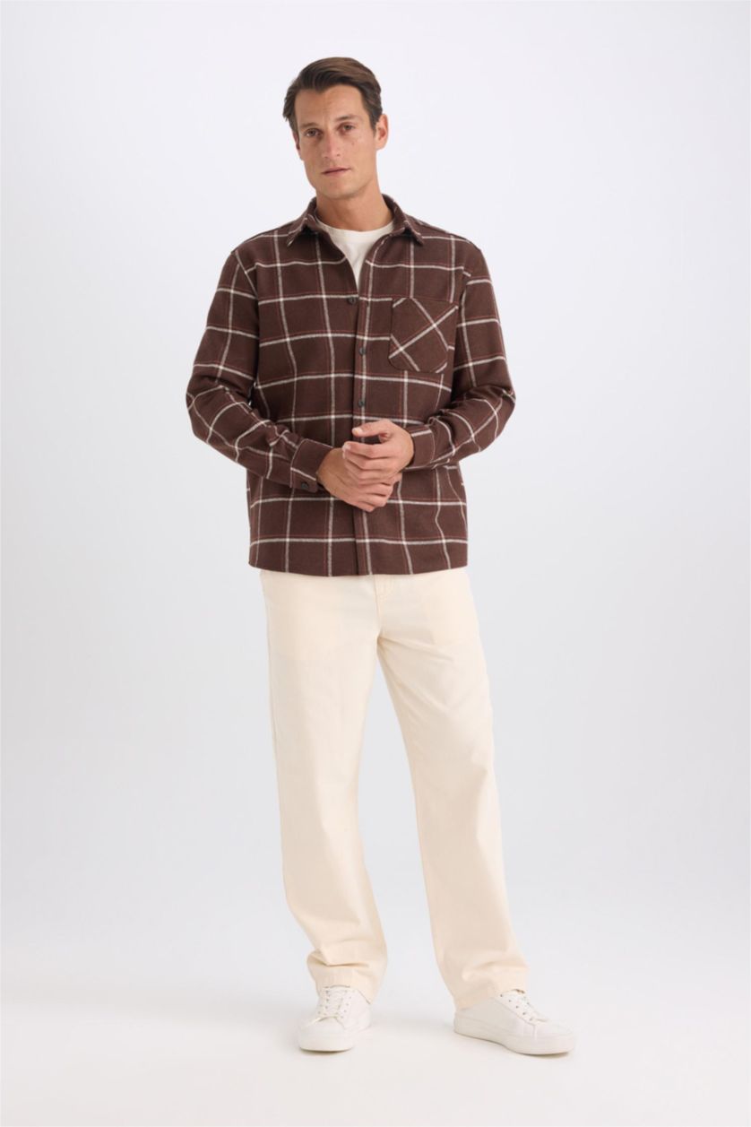 رجالي بني قميص كاروهات كم طويل قصة عادية برقبة بولو