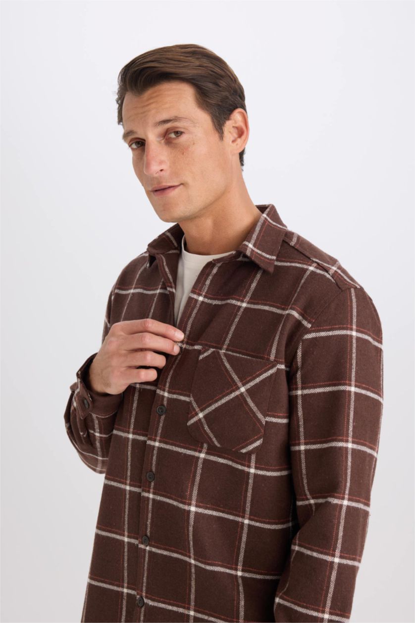 رجالي بني قميص كاروهات كم طويل قصة عادية برقبة بولو