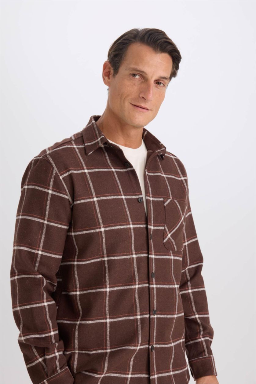 رجالي بني قميص كاروهات كم طويل قصة عادية برقبة بولو