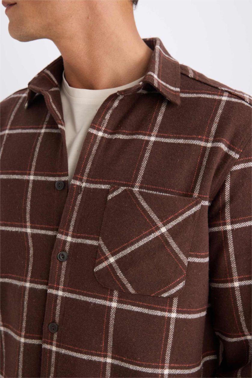 رجالي بني قميص كاروهات كم طويل قصة عادية برقبة بولو