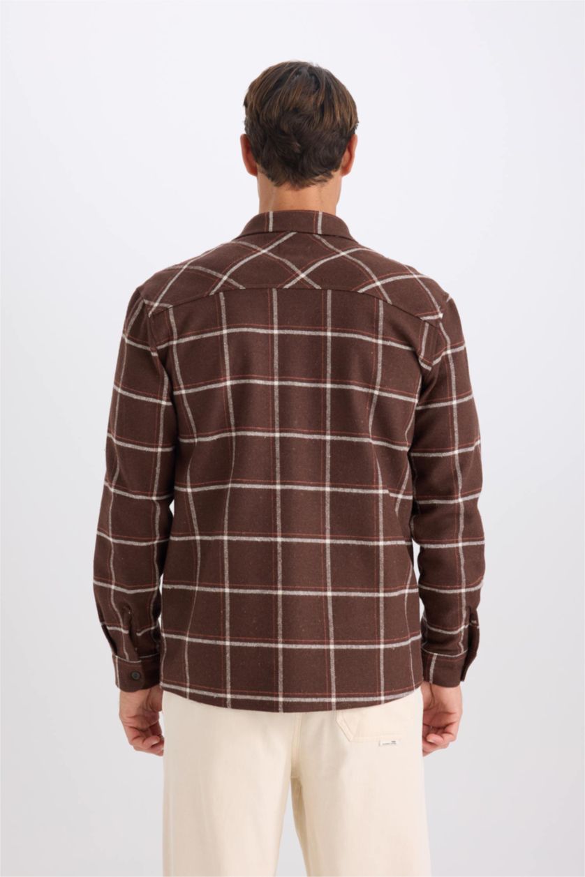 رجالي بني قميص كاروهات كم طويل قصة عادية برقبة بولو