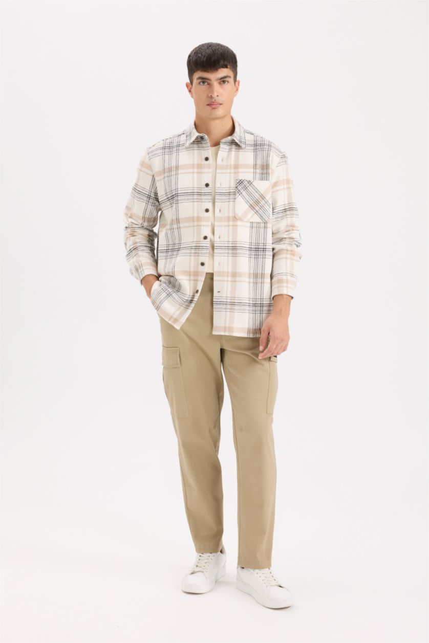Erkek Ekru Regular Fıt Polo Yaka Kareli Flanel Uzun Kollu Gömlek