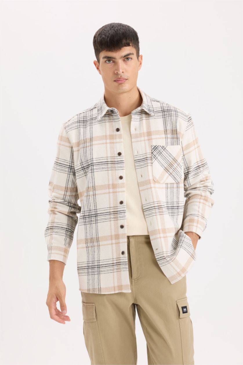 Erkek Ekru Regular Fıt Polo Yaka Kareli Flanel Uzun Kollu Gömlek