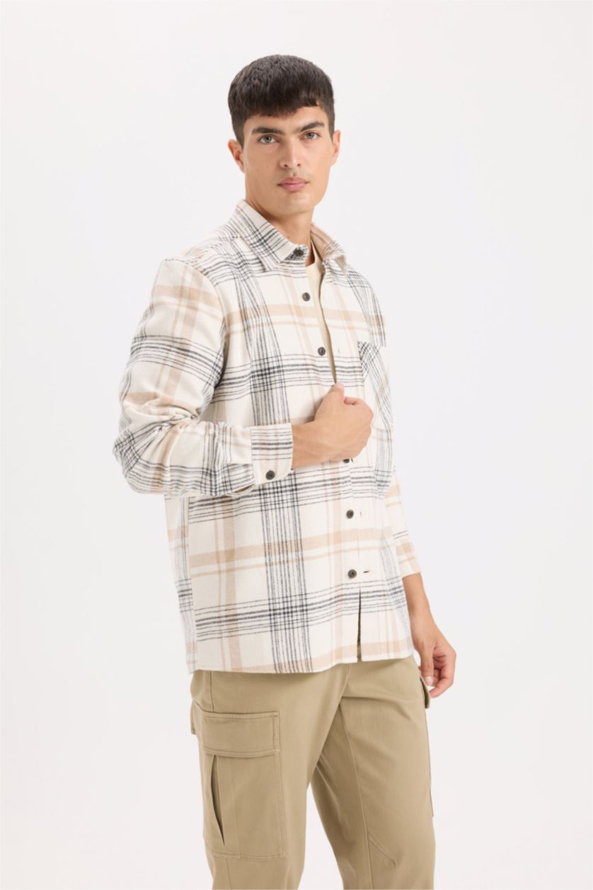 Erkek Ekru Regular Fıt Polo Yaka Kareli Flanel Uzun Kollu Gömlek