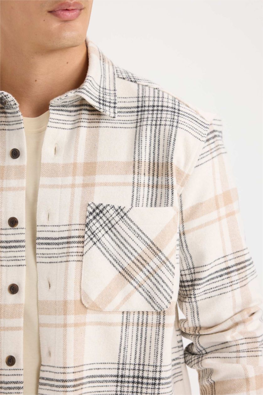 Erkek Ekru Regular Fıt Polo Yaka Kareli Flanel Uzun Kollu Gömlek