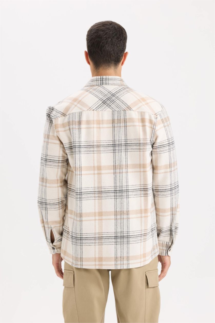 Erkek Ekru Regular Fıt Polo Yaka Kareli Flanel Uzun Kollu Gömlek