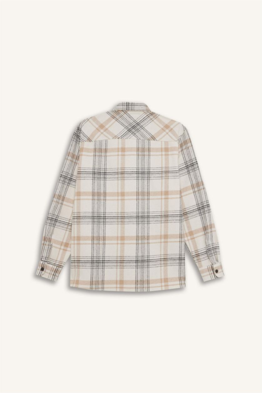 Erkek Ekru Regular Fıt Polo Yaka Kareli Flanel Uzun Kollu Gömlek