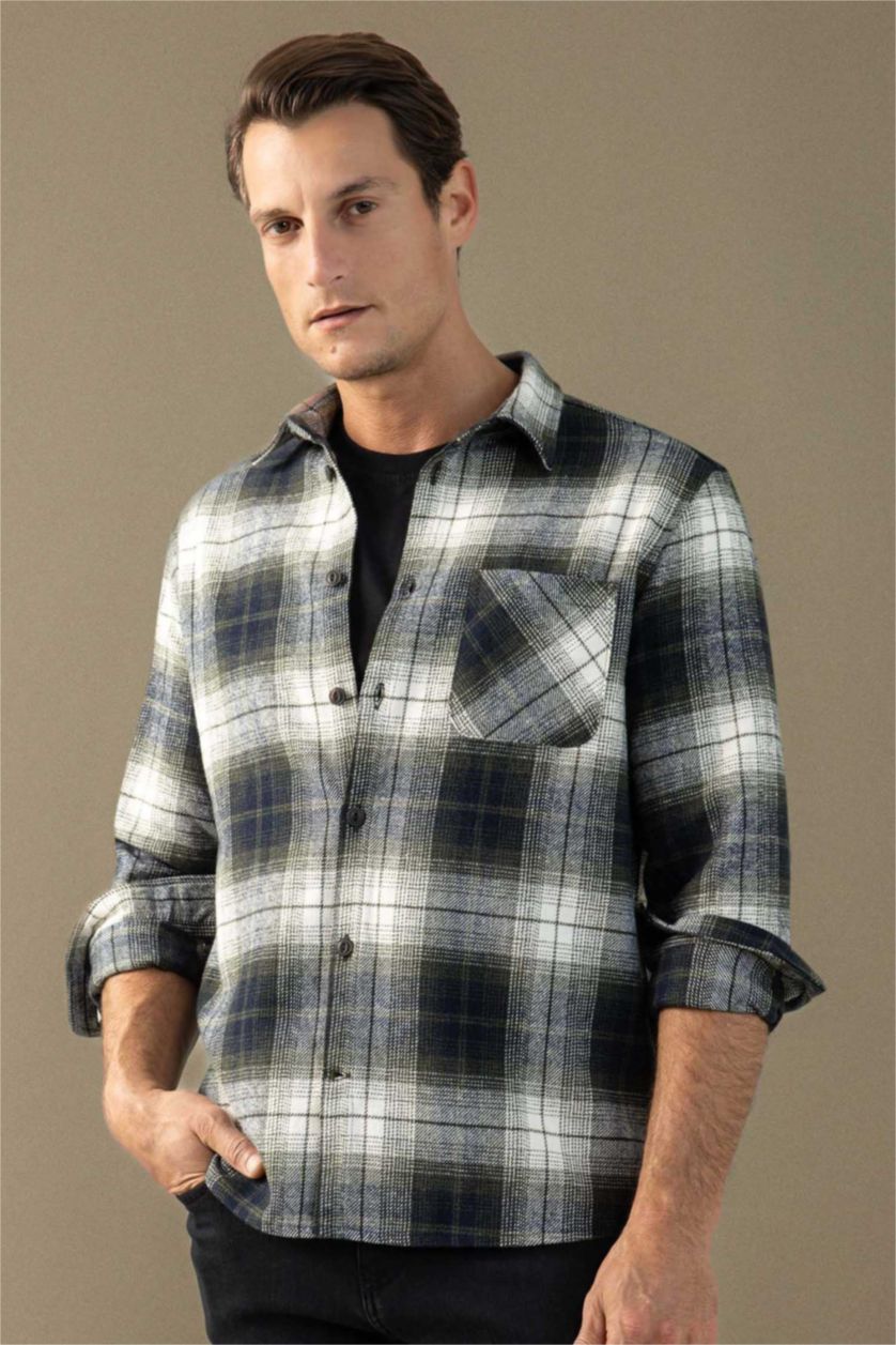 HOMME Marin Chemise à manches longues en flanelle à carreaux Col Polo Coupe régulière