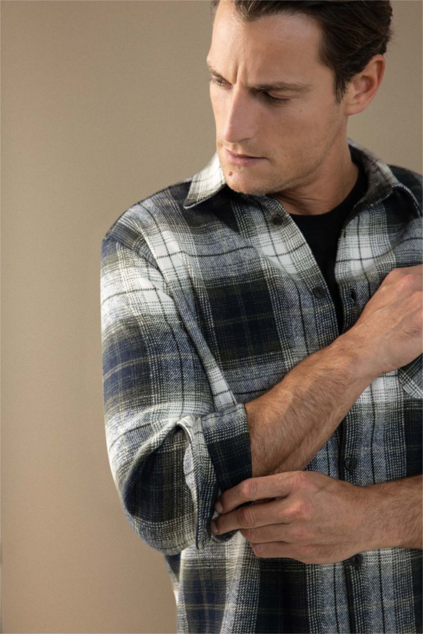 HOMME Marin Chemise à manches longues en flanelle à carreaux Col Polo Coupe régulière