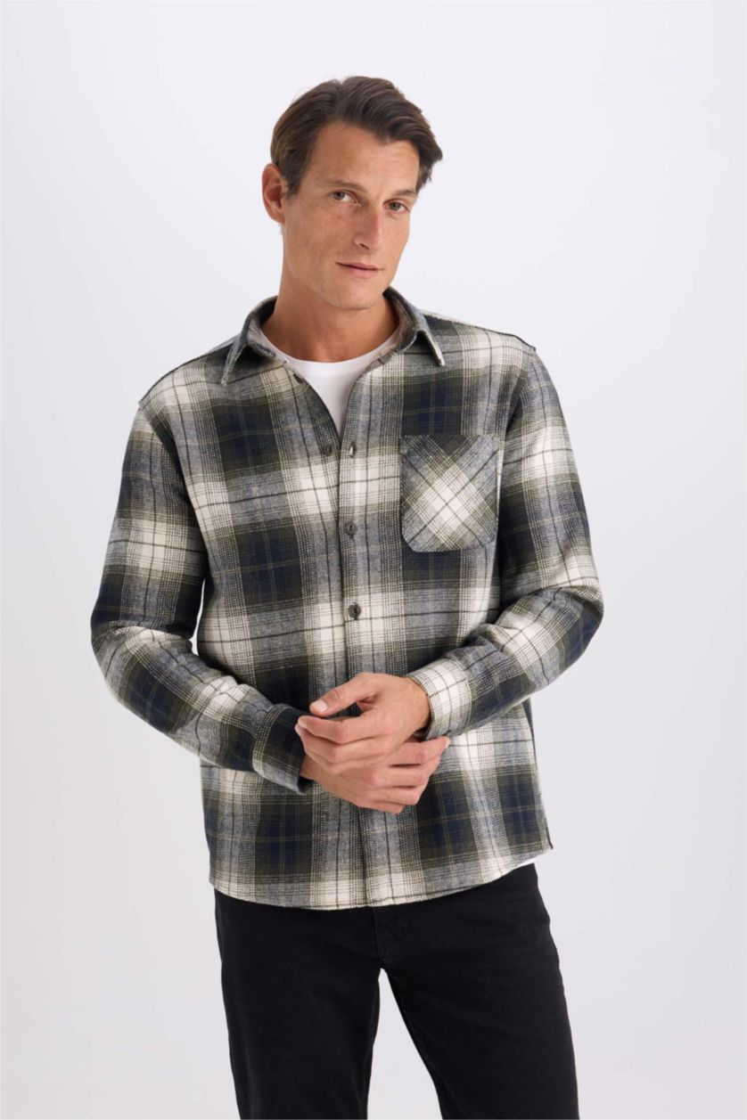 HOMME Marin Chemise à manches longues en flanelle à carreaux Col Polo Coupe régulière