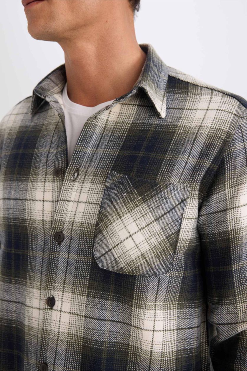 HOMME Marin Chemise à manches longues en flanelle à carreaux Col Polo Coupe régulière