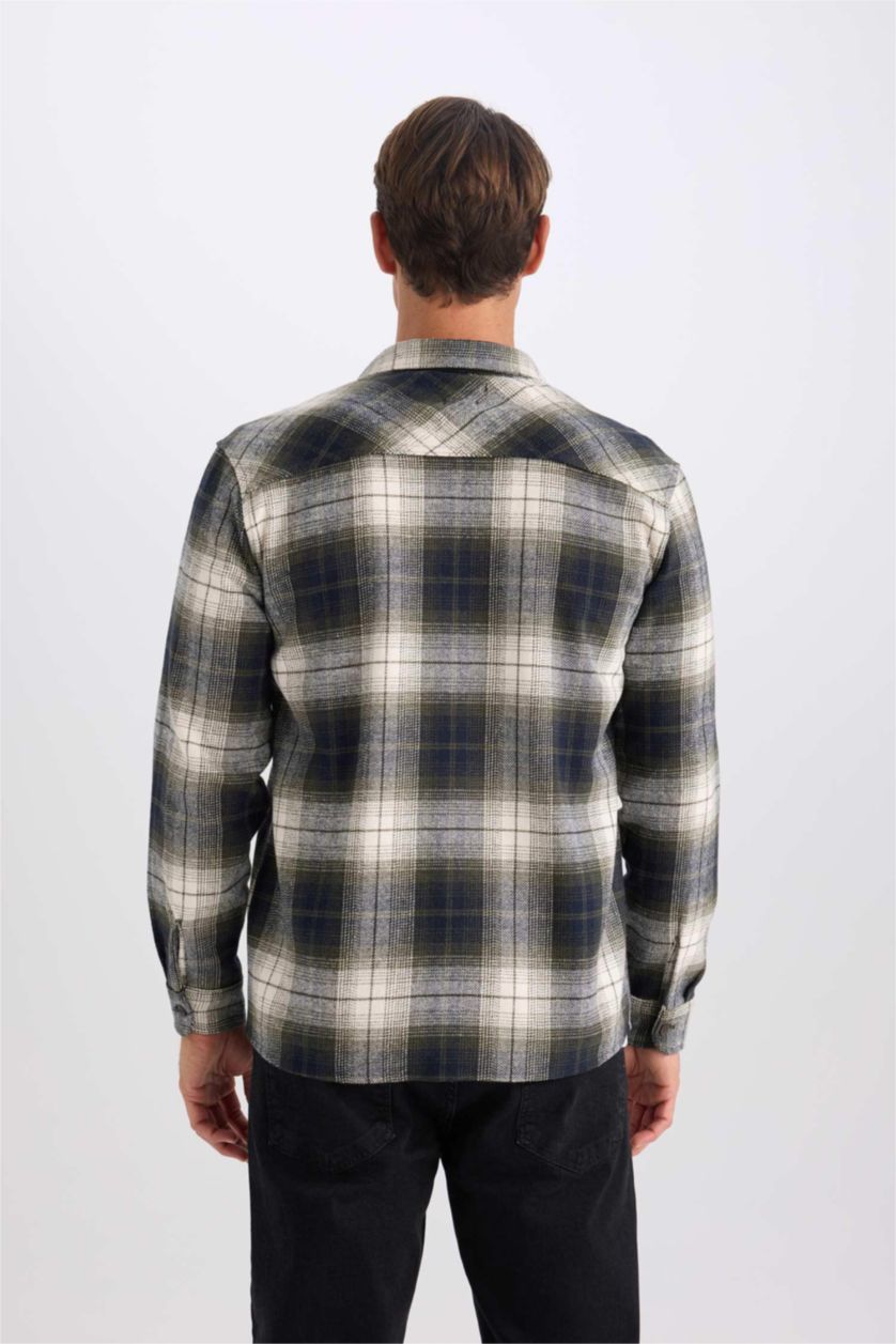 HOMME Marin Chemise à manches longues en flanelle à carreaux Col Polo Coupe régulière