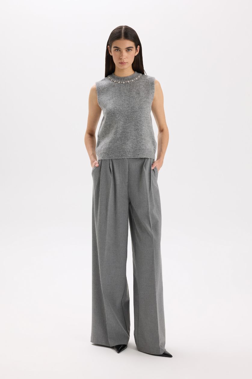 Woman Light Grey Pocketed High Waist Wide Leg Long Pants