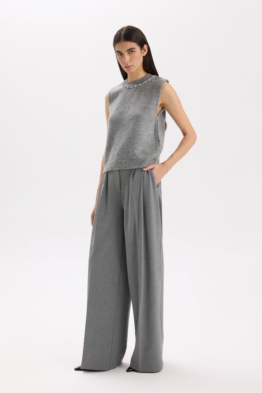 Woman Light Grey Pocketed High Waist Wide Leg Long Pants