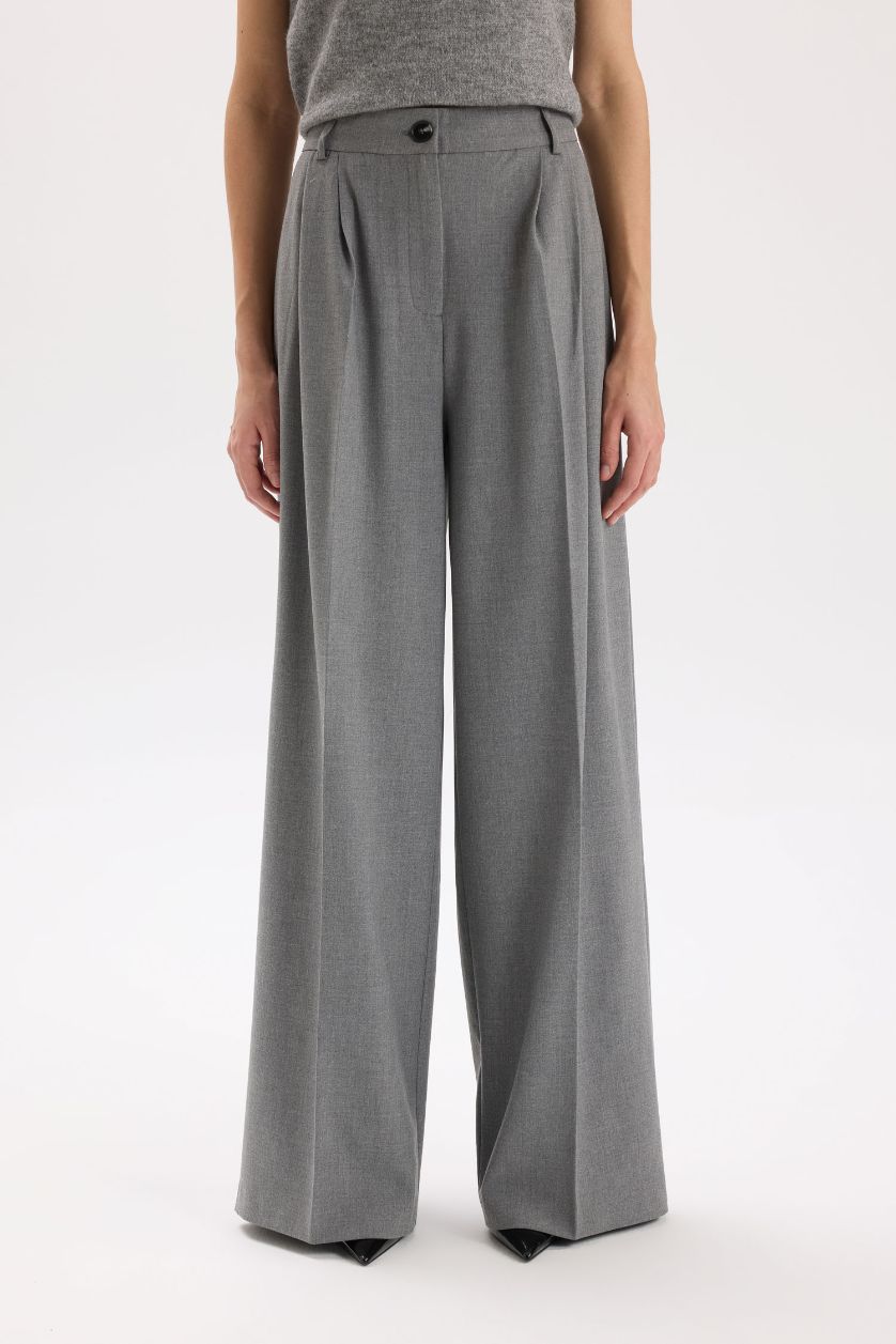 Woman Light Grey Pocketed High Waist Wide Leg Long Pants
