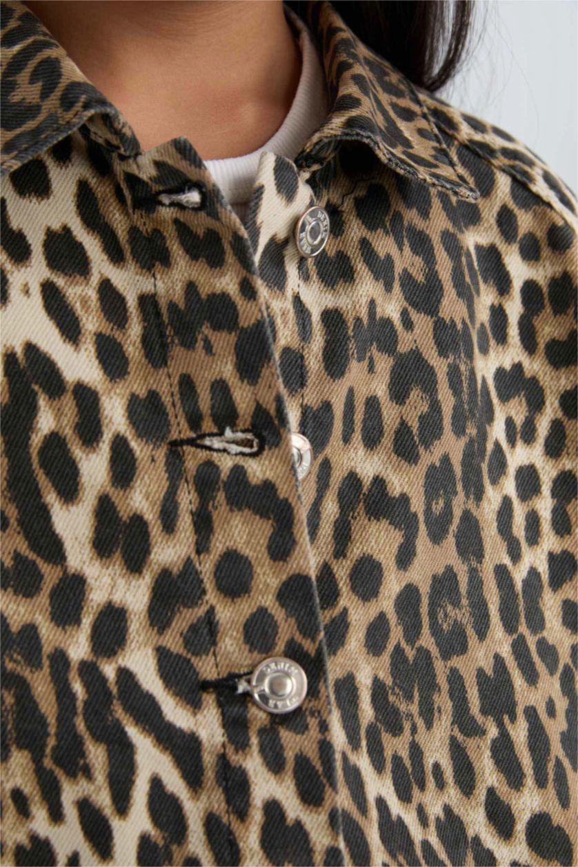 FILLES Noir Veste Chemise à manches longues en Gabardine boutonnée imprimé léopard pour Fille