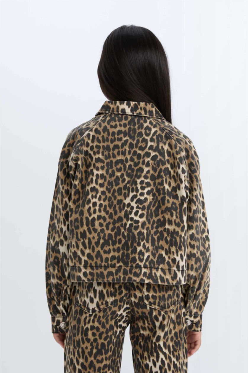 FILLES Noir Veste Chemise à manches longues en Gabardine boutonnée imprimé léopard pour Fille