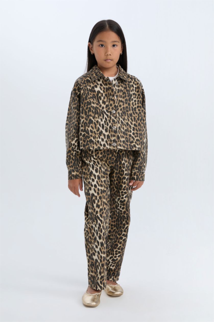 Kız Çocuk - Genç Kız Siyah Kız Çocuk Leopar Desenli 90's Wide Leg Düz Paça Gabardin Pantolon