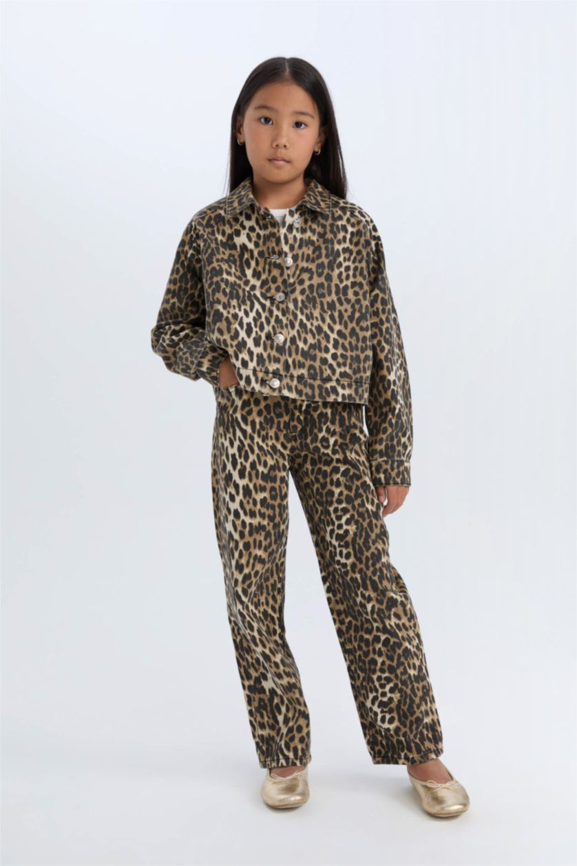 Kız Çocuk - Genç Kız Siyah Kız Çocuk Leopar Desenli 90's Wide Leg Düz Paça Gabardin Pantolon