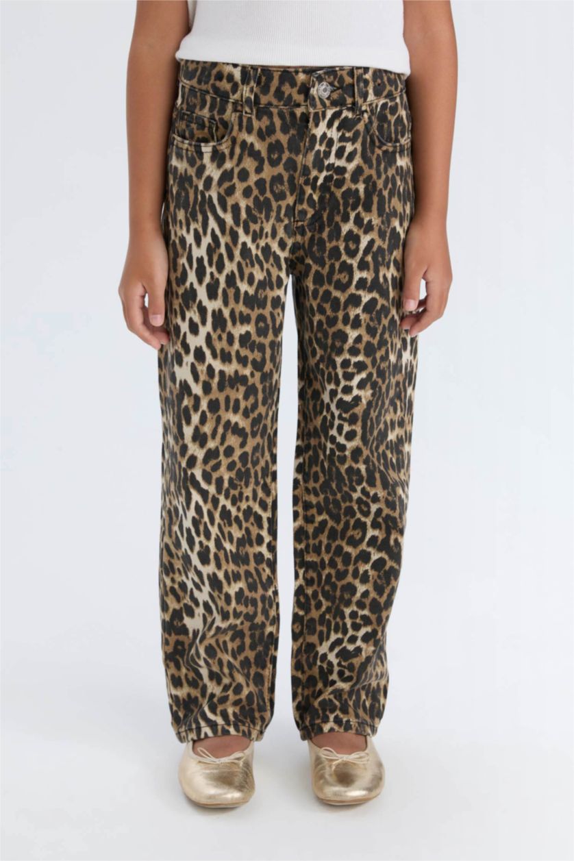 Kız Çocuk - Genç Kız Siyah Kız Çocuk Leopar Desenli 90's Wide Leg Düz Paça Gabardin Pantolon