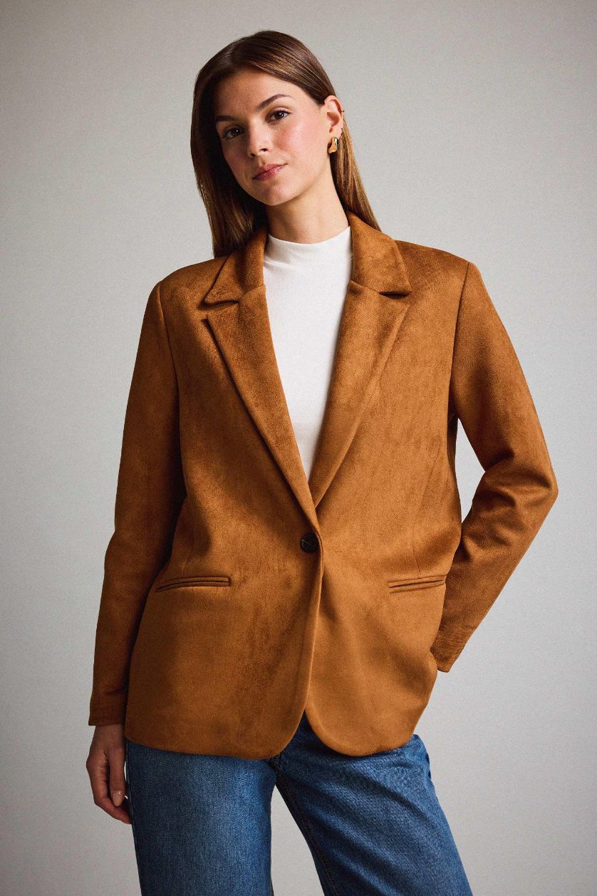 Kadın Kahve Oversıze Ceket Yaka Süet Blazer Ceket