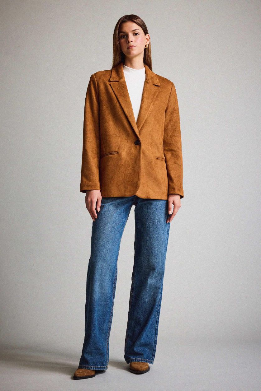 Kadın Kahve Oversıze Ceket Yaka Süet Blazer Ceket