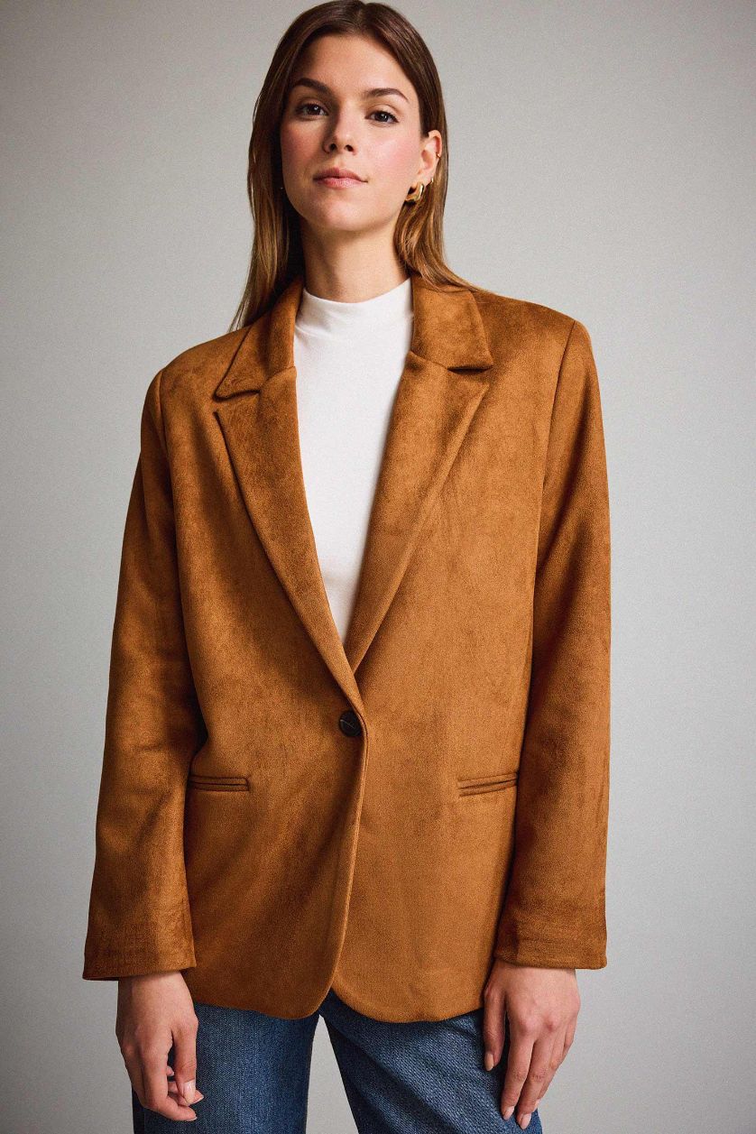 Kadın Kahve Oversıze Ceket Yaka Süet Blazer Ceket