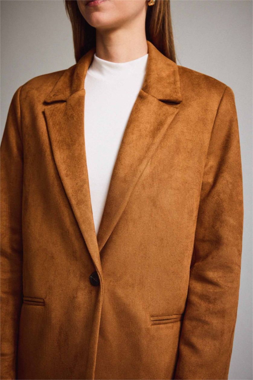 Kadın Kahve Oversıze Ceket Yaka Süet Blazer Ceket